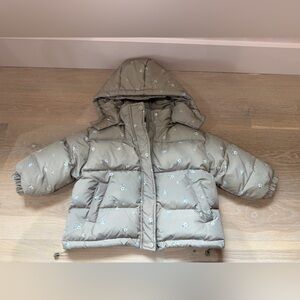 Girls Green Puffer Jacket with Floral Design